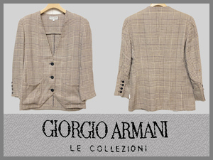 11ｋ054 Giorgio Armani/ジョルジオ・アルマーニ オールドタグ 90s ノーカラージャケット レディース チェック柄 ベージュ 42/8サイズ