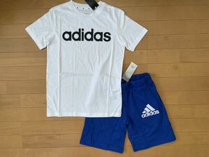 新品★送料込み!!★adidasアディダス★150★快適!!半袖Ｔシャツ(ホワイト 白)・パフプリントロゴ!スウェットパンツ(ブルー 青)★上下★即決