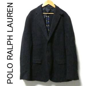 POLO RALPH LAUREN ポロラルフローレン 衿裏刺繍 ヘリンボーン ツイード 2B テーラードジャケット 裏地レップストライプ 44R 紺 ネイビー 