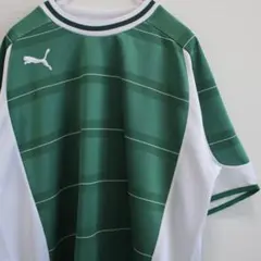 PUMA ロゴ刺繍 緑 × 白 リブライン ナンバーリング入 古着 ゲームシャツ