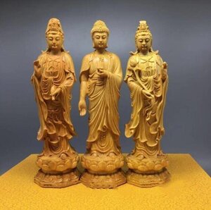 人気美品☆仏教美術 高さ約20ｃｍ 阿弥陀如来三尊立像 ツゲ 観音菩薩 木彫仏像 精密細工