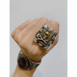 超希少!!VINTAGE MEXICAN BIKER RING SKULL PIRATES DOUBLE RL USA ビンテージメキシカンバイカーリングスカルパイレーツ 18.5号