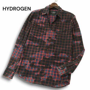 イタリア製★ HYDROGEN ハイドロゲン 通年 【カモフラ 迷彩柄 × チェック】 インディゴ 長袖 デニム シャツ Sz.S　メンズ　A4T09534_9#C