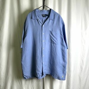 90s Polo by Ralph Lauren ループカラー シャツ XXL ブルー CALDWELL オープンカラー シルク リネン ポロ ラルフローレン 00s ビンテージ