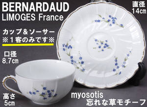 BERNERDAUD LIMOGES レオナルドリモージュ MYOSOTIS 勿忘草 カップ＆ソーサー 1客のみ 口径8.7cm 高さ5cm/直径14cm 高さ1.5cm 中古 KA-7297