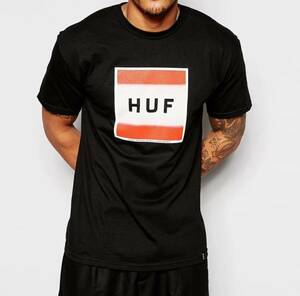 USA正規品 【L】 米国ブランド HUF ハフ 半袖 Tシャツ ポスターボックスロゴ POSTER BOX LOGO 黒 オレンジ 綿100% 