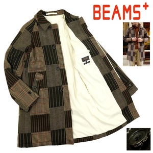 【S3004】【美品】【定価61,000円】BEAMS+ PLUS ビームスプラス ステンカラーコート バルカラーコート ジャガード パッチワーク サイズM