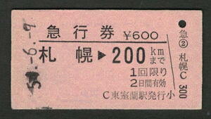 A型急行券 東室蘭駅発行 札幌から200kmまで 昭和50年代（払戻券）