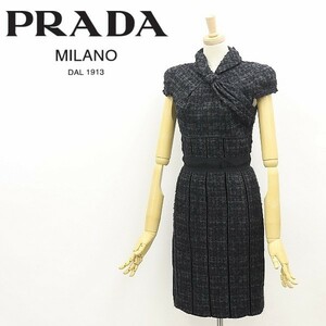 美品 国内正規品◆PRADA プラダ ダメージ加工 モヘヤ＆アンゴラ＆シルク混 ツイード ボックスプリーツ調 デザイン ワンピース 36