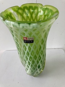 レトロ KURATA 手作り ガラス製 花瓶/フラワーベース Craft Glass 高さ29cm グリーン 花器☆中古