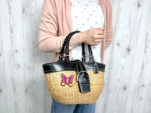 極美品 COACH コーチ かごバッグ ハンドバッグ バッグ ラタン×レザー ナチュラル×黒 72894