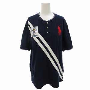 ポロ ラルフローレン POLO RALPH LAUREN ヘンリーネックTシャツ カットソー ビッグポニー刺繍 ワッペン 半袖 XL 紺 ■GY31￥