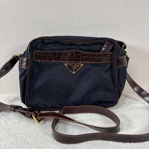 1円 PRADA プラダ ショルダーバッグ カメラバッグ サコッシュ 斜め掛け 三角プレート ナイロン クロコ レザー 紺 レディース メンズ