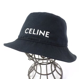 美品☆CELINE セリーヌ コットン100％ ロゴ刺繍入り バケットハット 帽子 ブラック S 保存袋付き フランス製 正規品 レディース