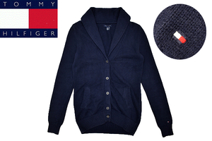 Y-6834★送料無料★美品★TOMMY HILFIGER トミーヒルフィガー★正規品 ロゴ刺繍 ネイビー ショールカラー ニット カーディガン セーター XS