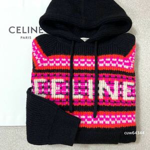 完全正規品 美品 XSサイズ（～L） オーバーサイズ CELINE セリーヌ ブランドロゴ ウール ニット パーカー ブラック×ピンク×ホワイト系