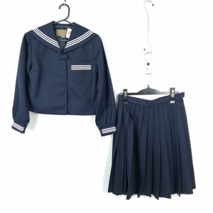 1円 セーラー服 スカート 上下2点セット 冬物 白3本線 女子 学生服 中学 高校 紺 制服 中古 ランクC EY8244