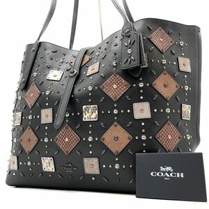 1円《 未使用に近い 》COACH コーチ トートバッグ マーケット マテリアル 肩掛け A4可 スタッズ ビジュー ロゴ ターンロック ブラック 黒