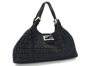 1円 ■美品■ FENDI フェンディ ズッカ柄 ズッキーノ ジャガード×スエード ハンドバッグ トートバッグ レディース ブラック系 FJ2662