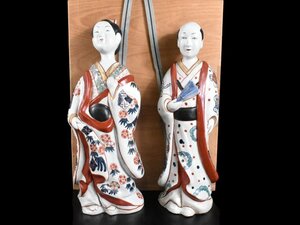 【雲】某名家委託品 伊万里 色絵花鞠絵付元禄美人助六人形 置物 男女一対 高さ47.5cm 箱付 古美術品(柿右衛門)AJ482 PThbinks