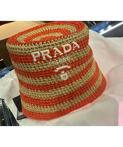 プラダ PRADA ラフィア バケットハット 帽子 オレンジ ★新品