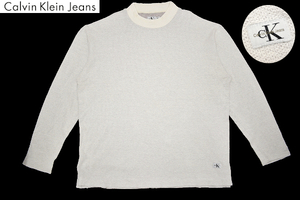 Y-6827★送料無料★美品★Calvin Klein Jeans カルバンクライン★春夏秋 リネン コットン 白 長袖 パイル地ニット セーター カットソー Ｌ