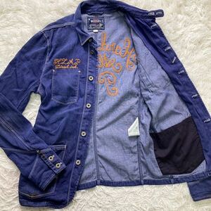 L位 ディーゼル DIESEL デニムジャケット シャツ ブルゾン 長袖 ロゴ 刺繍 ワッペン インディゴ 濃紺 ダメージ加工 メンズ 秋服●