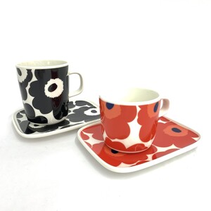 ◆marimekko マリメッコ マグカップ＆スクエアプレート カップ＆ソーサー◆2客セット ブラック/レッド 洋食器