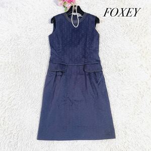 激安1000円〜　【極美品】FOXEYフォクシーニューヨーク　ノースリーブ　総柄ワンピース　40 ジャガード　フォーマル