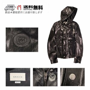 I787(46).. GUCCI グッチ オール レザージャケット 最高級 ライト パーカ ロゴ イタリア製 メンズ 男 新品 ★ ブラック.