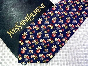 ♪35057C♪良品【洋ナシ ブルーベリー フルーツ 花 植物 柄】サンローラン【YSL】ネクタイ