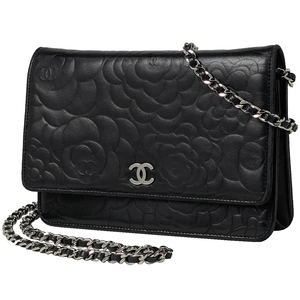 シャネル CHANEL カメリア チェーン ウォレット ココマーク ショルダーバッグ レザー ブラック レディース 【中古】