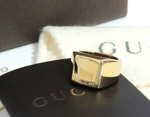 □　GUCCI　グッチ　印台　リング　指輪　925刻印　シルバー　イタリア製　8号　14.6g　ゴールドカラー　外箱/保存袋付　中古　保管品　③