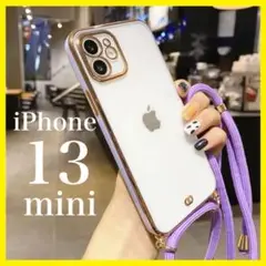 パープルiPhone13mini用ケーススマホショルダークリアソフト透明ゴールド