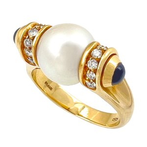 BVLGARI　ブルガリ　リング　プレステージ　ヴィンテージ　ダイヤ　サファイア　パール　K18　YG　750　9号　指輪　レア　希少