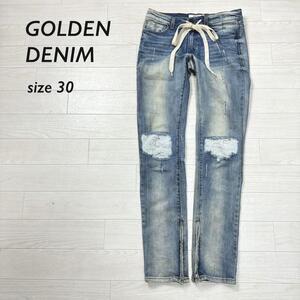 GOLDEN DENIM ゴールデンデニム　ダメージ加工　リペア加工　デニムパンツ　ジーンズ　スキニー　ストレッチ　裾ジップ　USA製　y2k W30