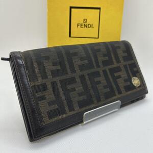 【美品】FENDI フェンディ 長財布 二つ折り財布 キャンバス×レザー 小銭入れ付 ズッカ柄 メンズ レディース ユニセックス