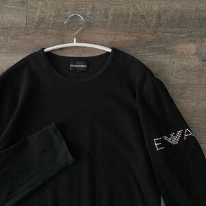 定番 EMPORIO ARMANI エンポリオアルマーニ アームラインストーン プリント クルーネック ストレッチ 長袖 Tシャツ M 黒 トップス メンズ