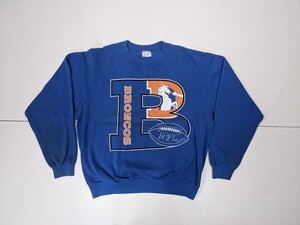 1．USA製 90s BRONCOS NFL Hanes デカロゴ アメフト プリント ヴィンテージ スウェット シャツ トレーナー メンズXL 青y601