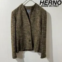 希少 美品 イタリア製 HERNO 上質 ノーカラー ウール ツイードジャケット