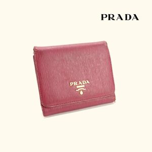 PRADA プラダ 折り財布 三つ折り ゴールド金具 レザー ピンク@KG118