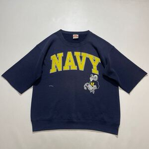 ビッグサイズ☆USNAVY 90s USA製 カットオフ 7分袖 スウェット 紺 ビンテージ 半袖スウェット 海軍 米軍 ミリタリー NUTMEG ラバープリント