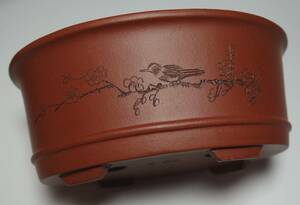 昭和期　宜興窯　手彫り　花鳥図　朱砂　高級盆栽鉢