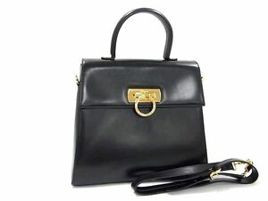 1円 Salvatore Ferragamo フェラガモ レザー ガンチーニ 2WAY ハンドバッグ ショルダー 肩掛け レディース ブラック系 FG1830