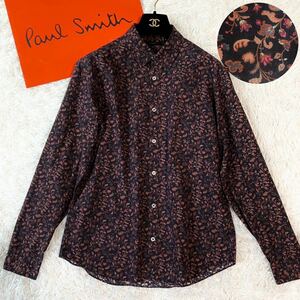 ◆美品 L◆ポールスミス Paul Smith シャツ 長袖 花柄 フラワープリント ボタニカル 総柄 ボタンダウン コットン 黒 ブラック メンズ 通年