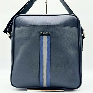 極美品／レア☆PRADA プラダ ショルダーバッグ サフィアーノ ネイビー 紺色 斜め掛け レザー ナイロン ストライプ 白 ホワイト サコッシュ