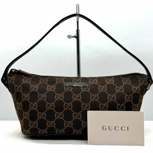 2819【美品・希少カラー】GUCCI グッチ ハンドバッグ アクセサリーポーチ 手提げ GG ロゴプレート シルバー金具 キャンバス レザー 本革