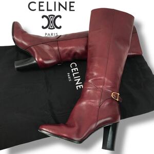 u63 CELINE セリーヌ レザー ロングブーツ ベルトデザイン ワインレッド 本革 37 イタリア製 シンプル レディース シューズ 正規品