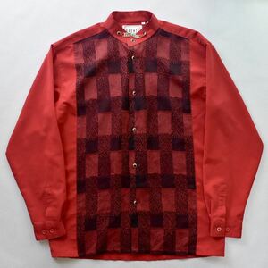 【超個性派】90s vintage PRONTI dress shirt stand color ストーンチョーカー　ゴールドチェーン　赤　レースチェック M パールボタン