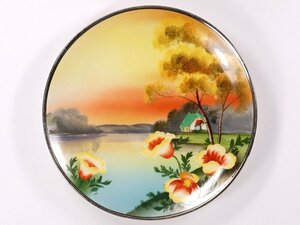 ∇花∇【オールドノリタケ/Noritake】 1918年頃 色絵銀彩湖水風景絵皿(朝焼け3) プレート Noritake-M印 和製テーブルウェア